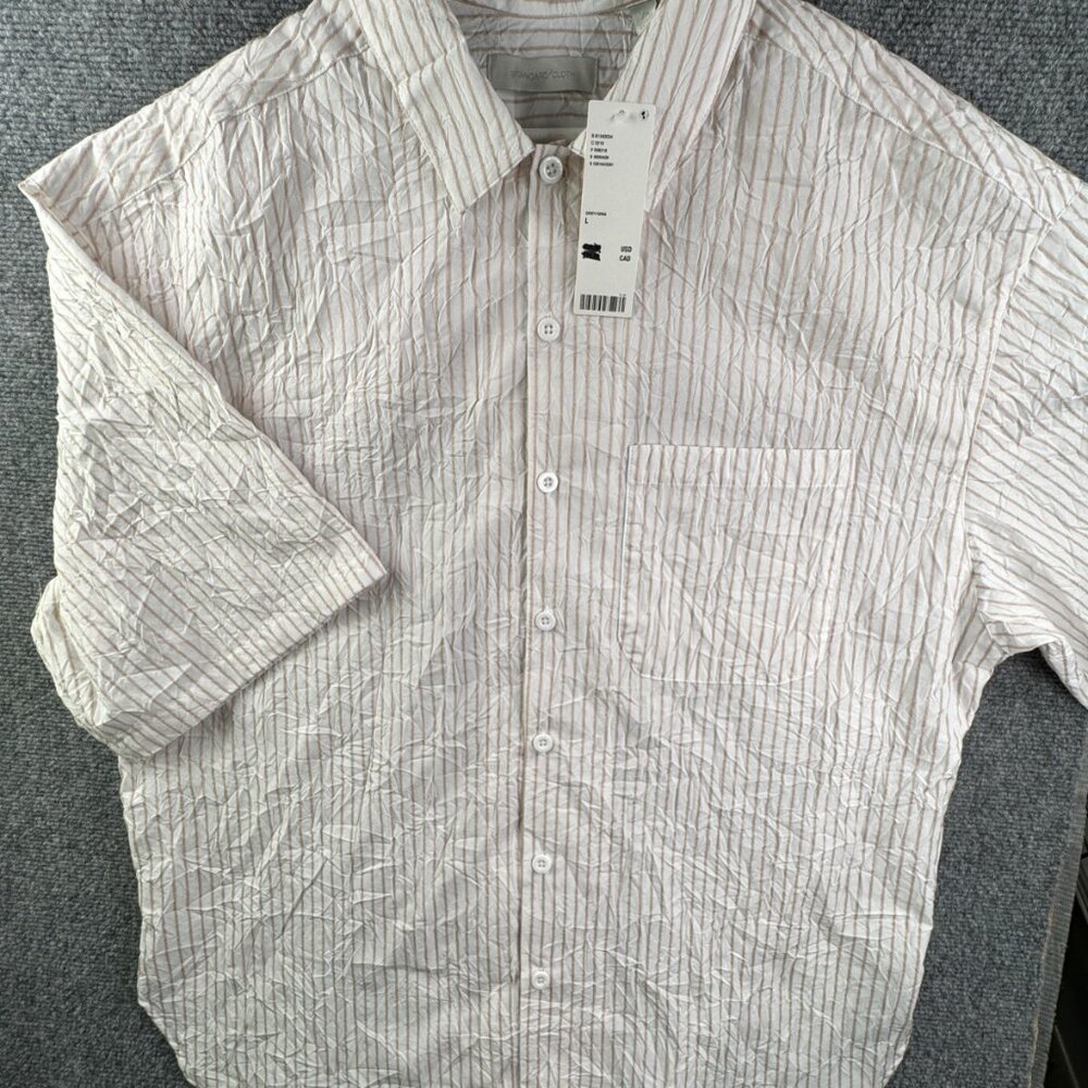 Standard Cloth Button Up Shirt Men's Size Large Striped Beige Short Sleeve NWT